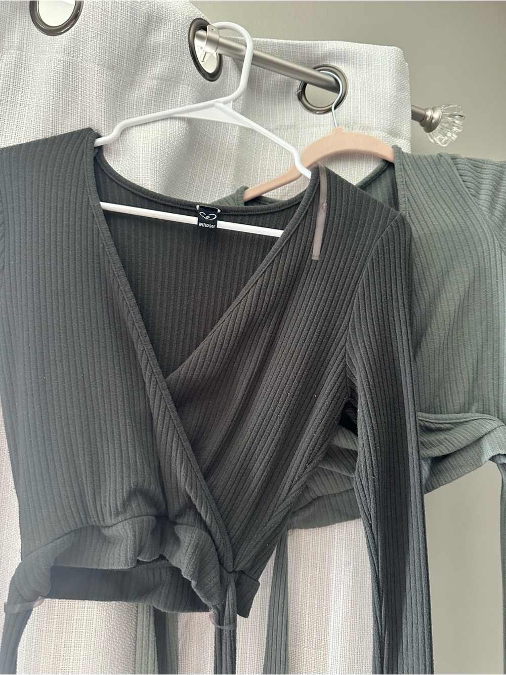 Windsor Ribbed Wrap-Front Long Sleeve crop tops in Olive/ light green